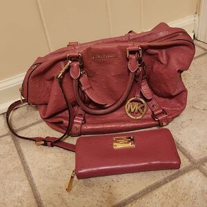 Michael Kors Pink "Bedford" Faux Ostrich Handbag & Matching Wallet